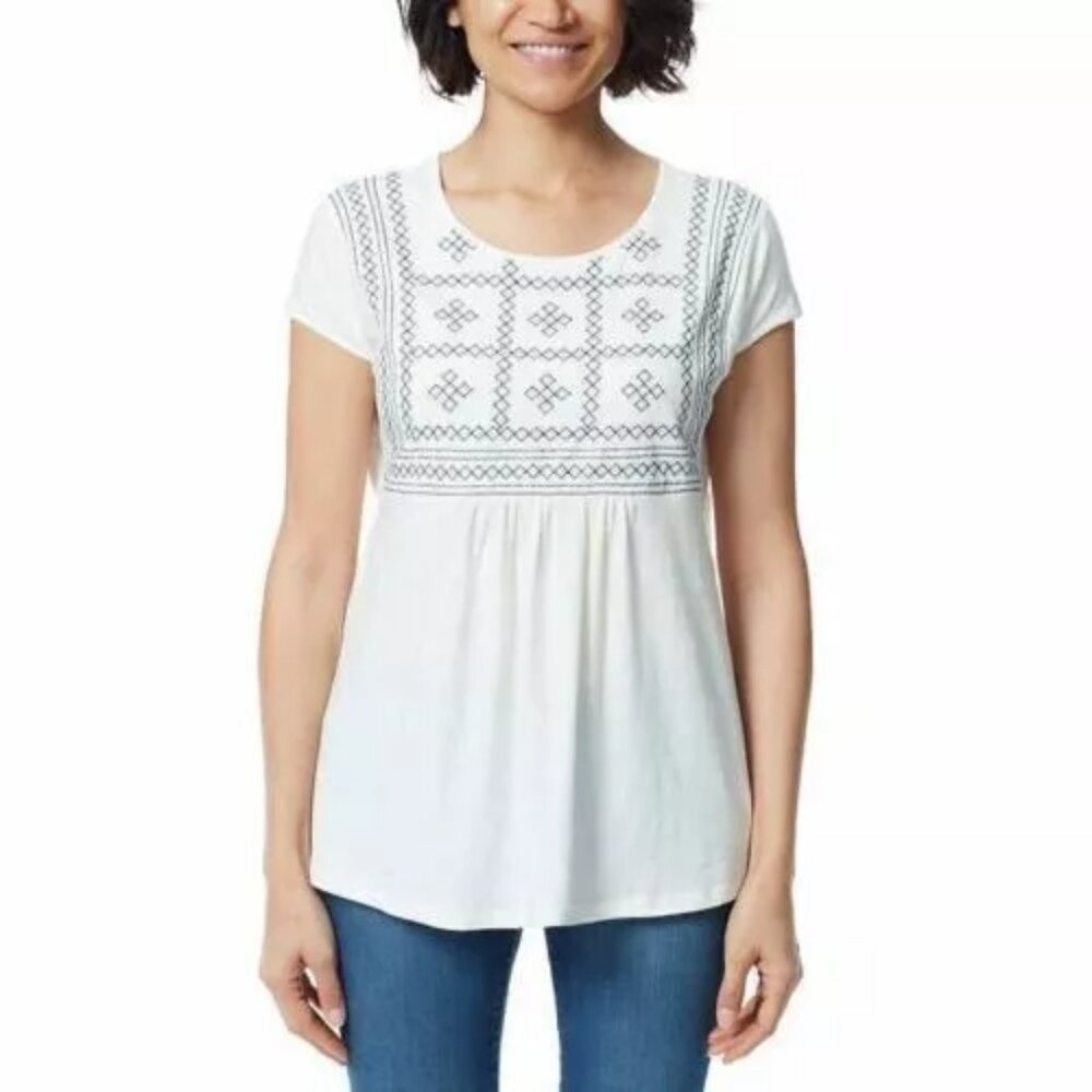 * 3 FOR $23 * NEW Gloria Vanderbilt Short Sleeve Empire Waist Navy Top Shirt Tee